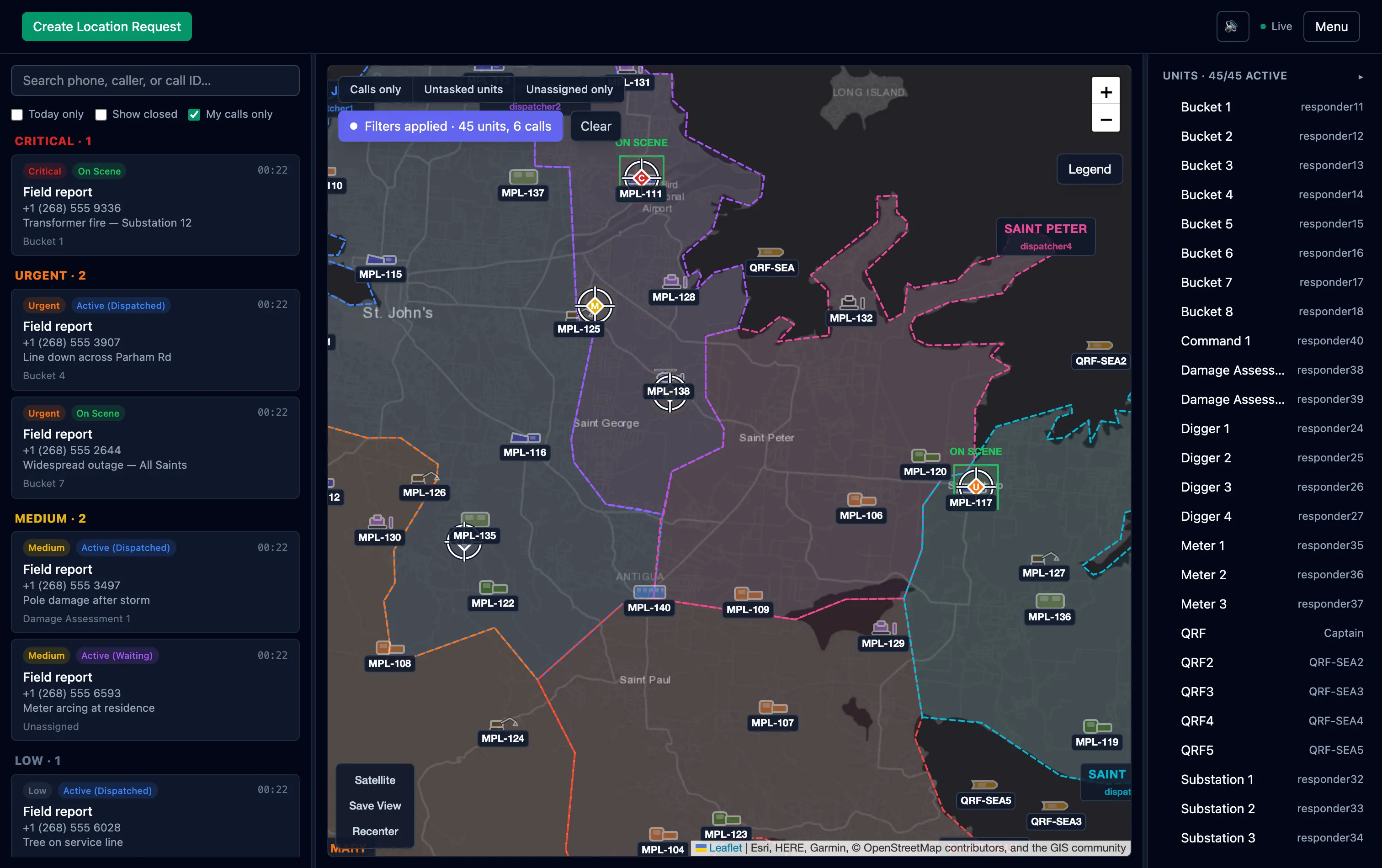 Pocket Dispatch dispatch console: a live map of a utility's service territory with 45 crews, colored areas of responsibility, and a priority triage queue