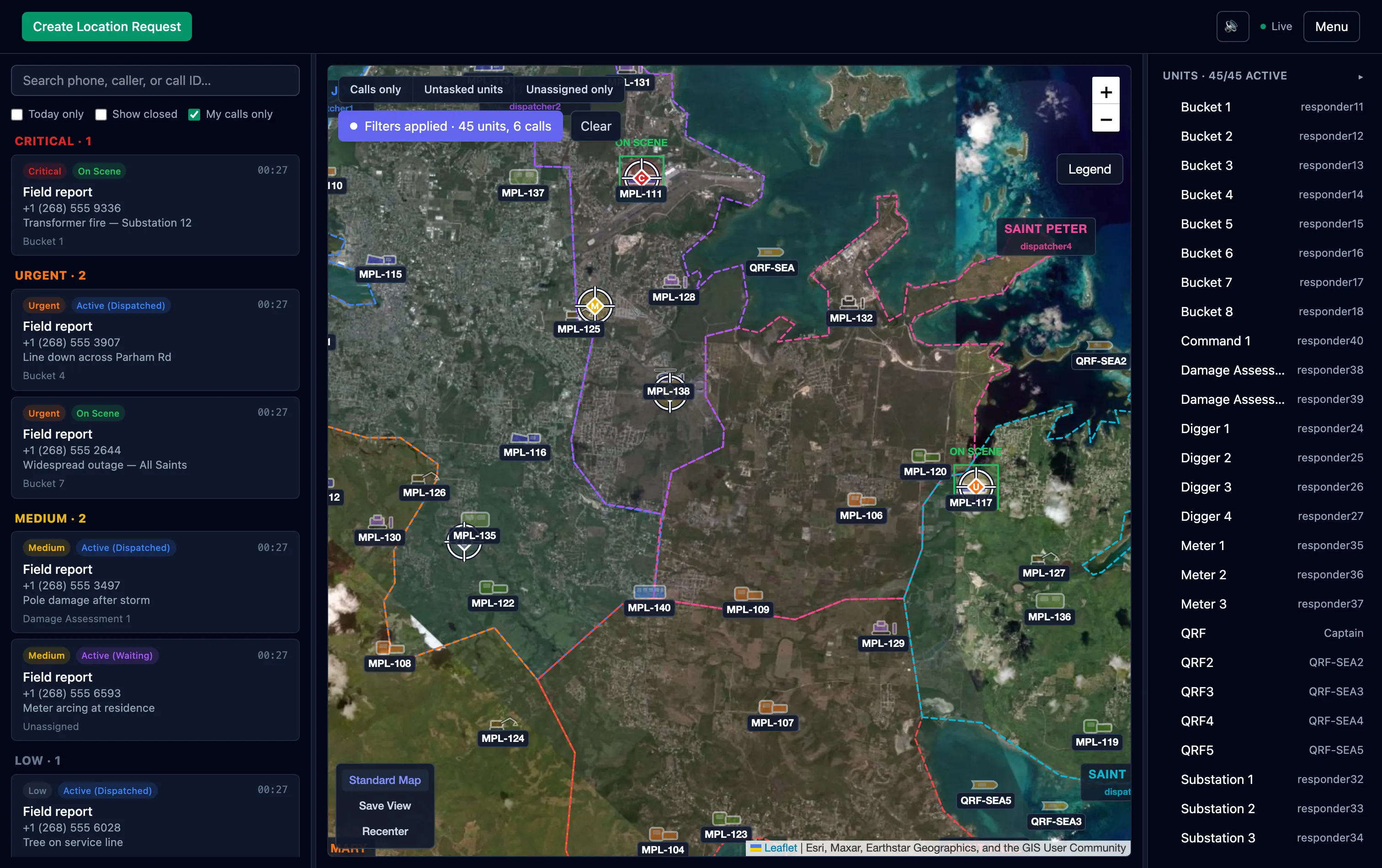 Pocket Dispatch dispatch console in satellite view — aerial imagery of the service territory with crews, calls, and areas of responsibility overlaid